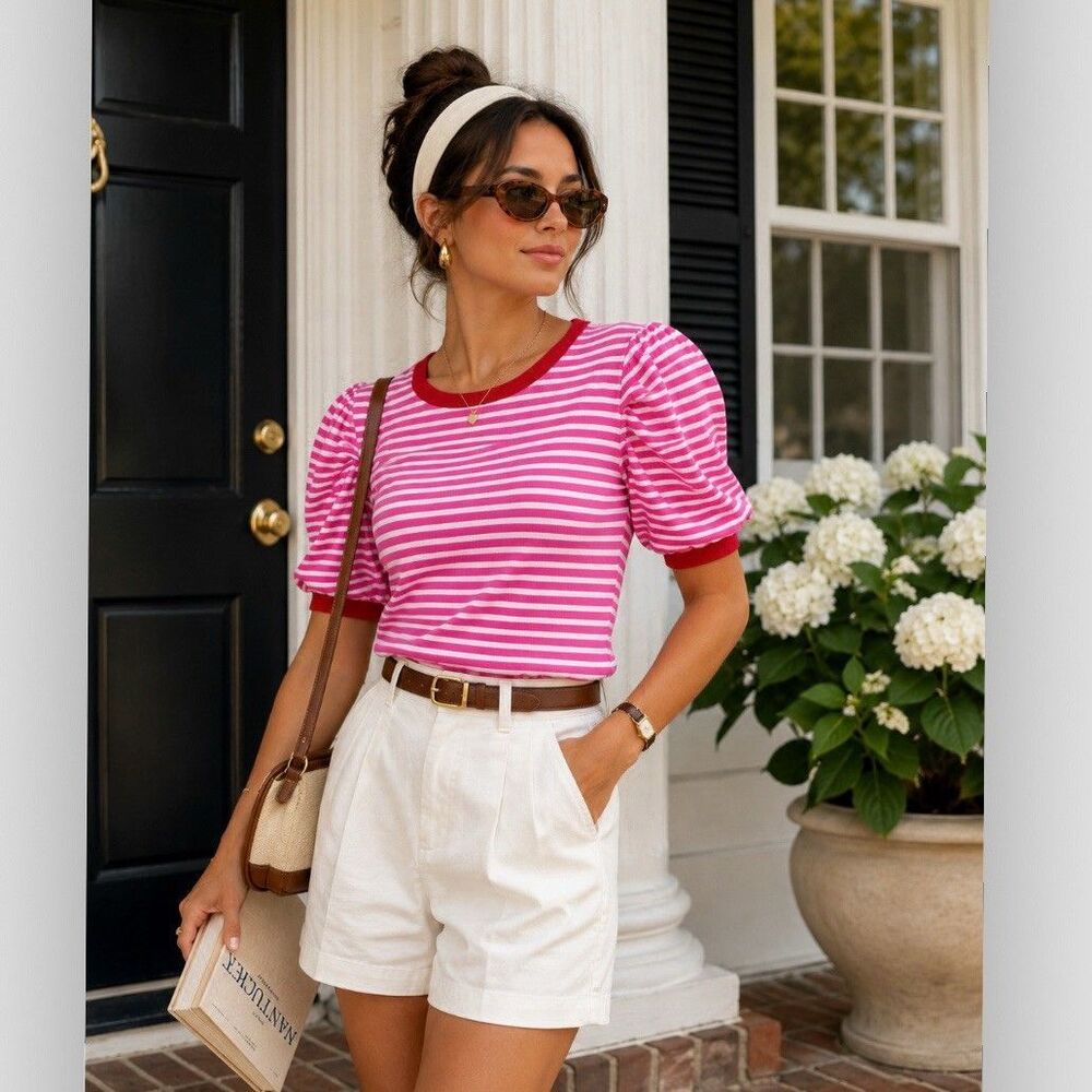 Rebecca Minkoff XXL Pink White Striped Rib Knit Puff Sleeve Top Red Trim Preppy